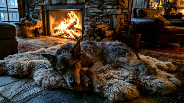 Sleeping dog resting peacefully on a soft furry rug in front of a warm glowing stone fireplace during a quiet evening inside a cozy home