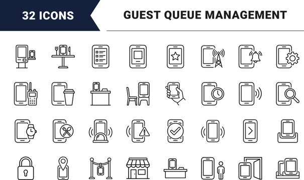 Waiting List Pager Guest Queue Management Web Icon Set in Linear Style. Collection of Queue Paging line icons, including paging, waiting line, alerts, hospitality, check in, hardware.
