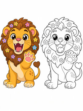 Cute cartoon lion cub with flowers in mane waving paw and color guide, kids educational activity coloring page.