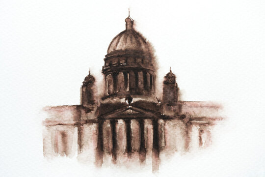 Silhouette of Saint Isaac's Cathedral in St. Petersburg, Russia, monochrome watercolor hand drawn illustration