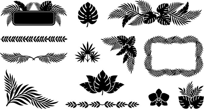 Black silhouette vector set of tropical palm leaves, monstera leaves, fern foliage frames, borders, dividers, and corner decorations isolated on white background.