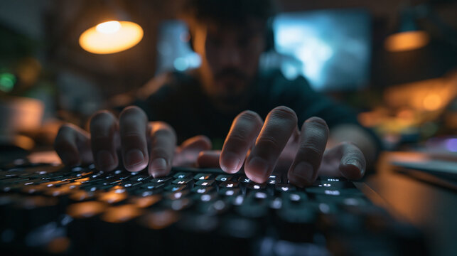 Close-Up of Hands Typing on Computer Keyboard at Night