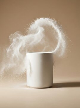 A simple white coffee mug with hot steam rising up on a soft warm brown and green background scene. sodium bicarbonate branding