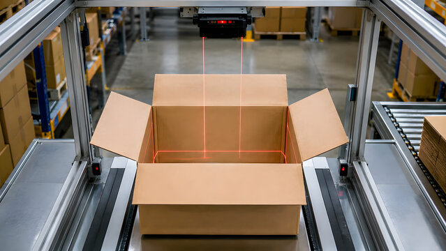 Open cardboard box on automated packaging line in warehouse  