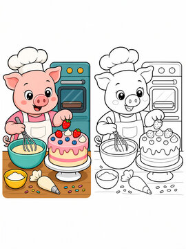 Cute cartoon pig baker decorating a sweet berry cake in kitchen with color guide, kids coloring page.