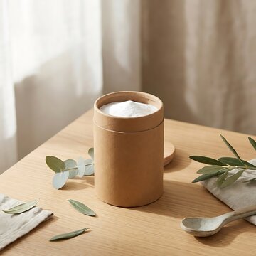 A small eco friendly cardboard tube container with powder standing on a wooden table with green herbs. sodium bicarbonate branding