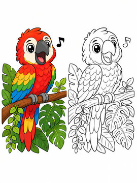 Cute happy cartoon macaw parrot singing on jungle branch with color sample guide, kids educational activity coloring page.