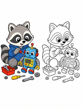 Cute cartoon raccoon building toy robot with tools and color sample guide, kids educational STEM activity coloring page.