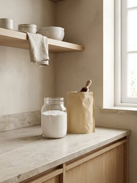 Glass jar with sugar and a paper bag on a kitchen counter near a sunny window in a cozy home. sodium bicarbonate branding