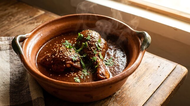 Delicious mole poblano chicken dish served in a traditional clay bowl on a wooden rustic kitchen table. chicken mole recipe