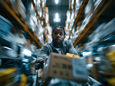 Warehouse Worker Hurrying with Package for Fast Delivery