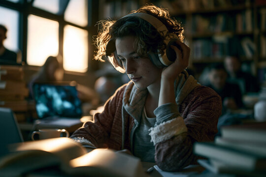 Focused Student with Headphones Reading Book in Library