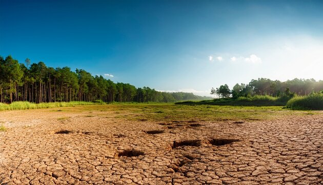 An Open Field Of Dry Sandy Soil With Sparse Green Grass Patches Near A Dense Forest Line