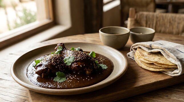 Delicious dark mole sauce with chicken served on a plate with warm tortillas at a wooden home table. chicken mole recipe