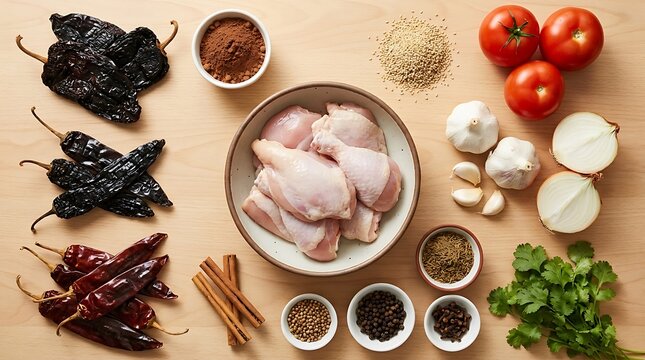 Raw chicken pieces in a bowl surrounded by dried chili peppers spices tomato onion and fresh herbs. chicken mole recipe