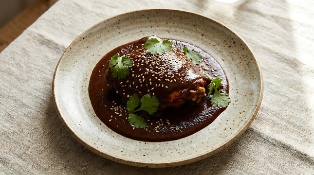 A delicious healthy bowl of black rice with fresh vegetables and seeds served on a rustic clay plate. chicken mole recipe