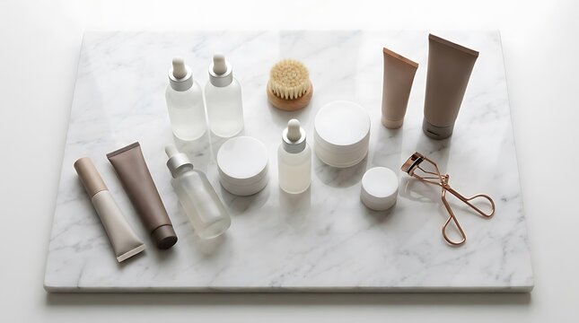 Natural skin care products in glass bottles and tubes arranged on a flat white marble stone surface. beauty bundle deals