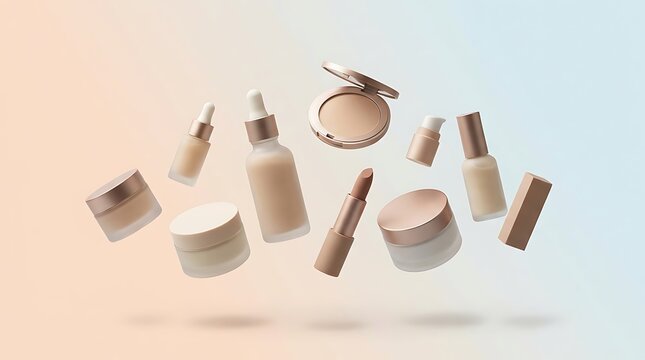 Set of various makeup and cosmetic products floating in the air for beauty and skincare advertising. beauty bundle deals
