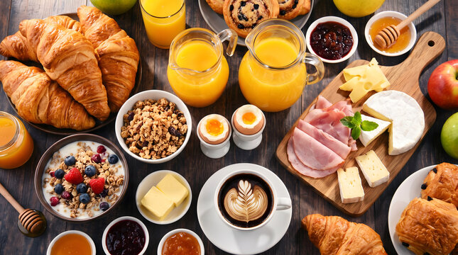 Abundant hotel breakfast spread featuring fresh croissants coffee cheese platter boiled eggs granola and orange juice