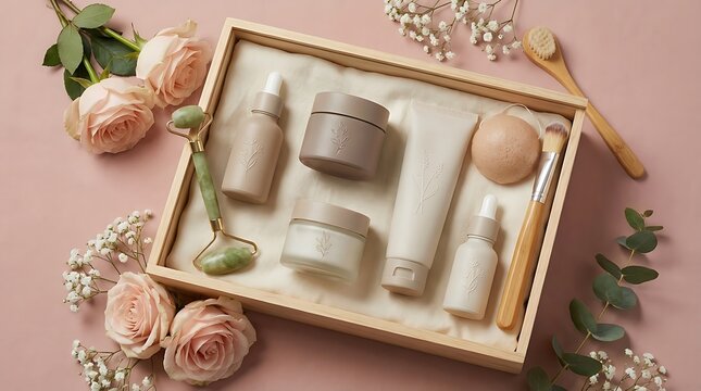 Natural skincare set with cream jars and jade face roller on a wooden tray with flowers on pink. beauty bundle deals