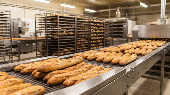 Industrial automated conveyor belt transporting row of freshly baked baguette bread loaves inside a large commercial food manufacturing plant