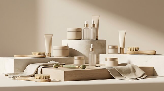 Natural organic skincare beauty products with wooden brushes and green fabric on modern stone blocks. beauty bundle deals