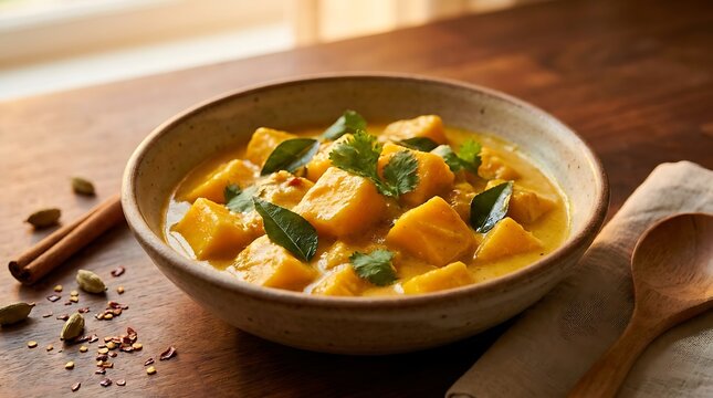 A delicious bowl of healthy pumpkin curry with fresh herbs served on a rustic wooden kitchen table. Mango curry