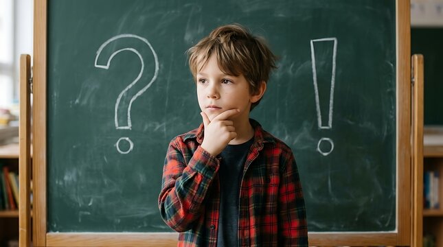 A young boy in a plaid shirt stands before a chalkboard, pondering a question with a curious and thoughtful expression.