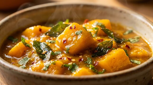 Delicious homemade pumpkin curry stew served in a rustic ceramic bowl on a warm wooden dining table. Mango curry