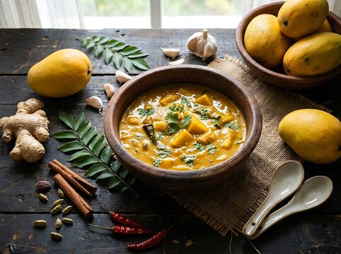 Delicious mango curry in a dark rustic bowl on a wooden table with fresh mangoes and spice ingredients. Mango curry