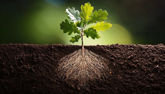 Oak Sapling With Visible Roots In Dark Soil