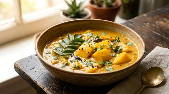 A delicious bowl of creamy yellow vegetable curry with fresh herbs served on a rustic wooden table. Mango curry
 
