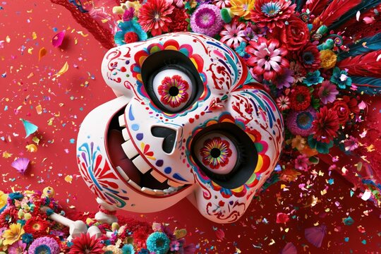 Vibrant Day of the Dead Inspired Sugar Skull Portrait with Floral Ornamentation and Butterfly Face Art on Bold Orange Background