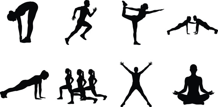 Set of black fitness silhouettes of people doing workout yoga and running exercises isolated on white