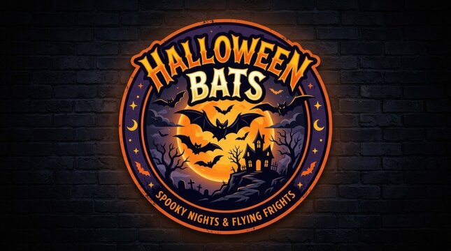 Spooky nights and flying frights Halloween bats round badge on dark brick wall