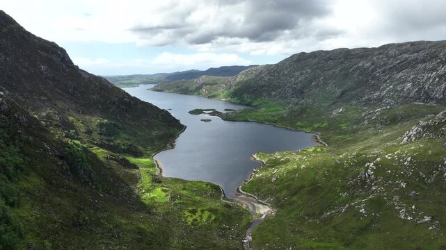 Aerial view of Scottish highland scenery near Eas a' Chual Aluinn, highest waterfall of the United Kingdom, in northern Scotland near NC500