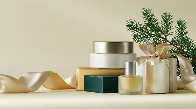Holiday-themed arrangement of skincare products, gift box, and decorative ribbon alongside pine branches on a soft beige background for seasonal promotions