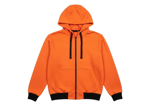 Orange hooded sweatshirt with black drawstrings is displayed on transparent background
