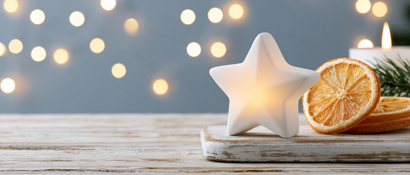 White star-shaped candle on wooden surface with dried orange slices and green pine branches, blurred fairy lights in the background creating a festive atmosphere