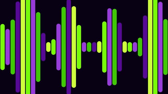 Digital sound wave equalizer with vibrant green and purple vertical bars on black background