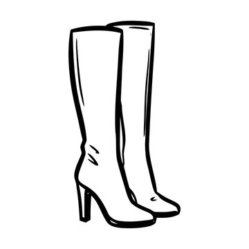 A simple black and white line drawing of a pair of tall leather high heel fashion boots Vector