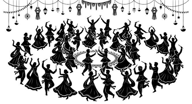 Black silhouette of people dancing dandiya in a circle during indian