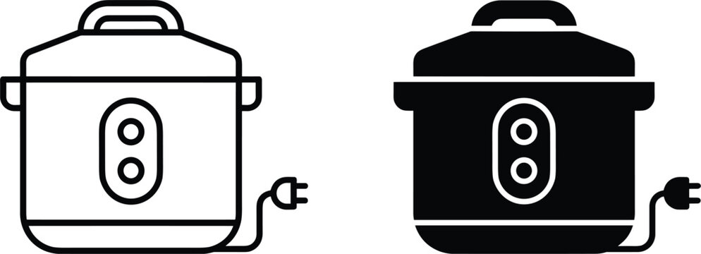 Electric Pressure Cooker Icon Set with Multi Cooker Instant Pot Appliances in Linear Outline and Black Silhouette Styles for Kitchen Technology Graphic Designs