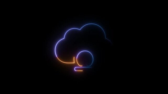 Abstract neon cloud outline glowing with orange and blue light on black background