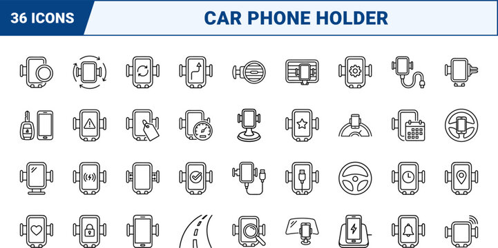 Car Phone Mount Road Navigation Web Icon Set in Linear Style. Collection of auto accessory line icons, including handsfree driving, GPS navigation, dashboard holder, vent clip, route tracking.