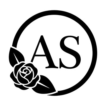 Black and white monogram logo design with as letters and a beautiful rose flower in a circle Vector