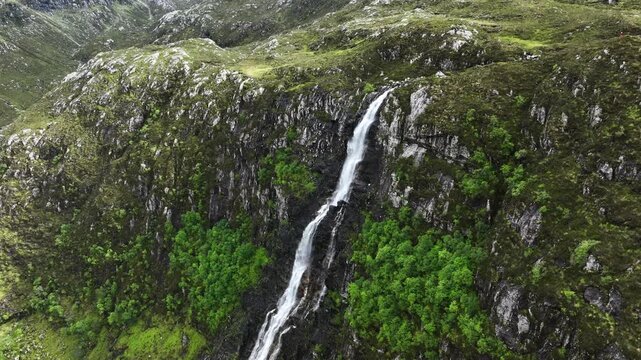 Aerial view of Eas a' Chual Aluinn, highest waterfall of the United Kingdom, in northern Scotland