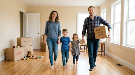 Fototapeta premium A cheerful family of four walking through their new empty house while carrying moving boxes.