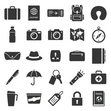 Conjunto de &iacute;cones de viagem e turismo em estilo plano, apresentando itens essenciais como passaporte, mala, c&acirc;mera, mapa, b&uacute;ssola e acess&oacute;rios de f&eacute;rias em um design minimalista e moderno.