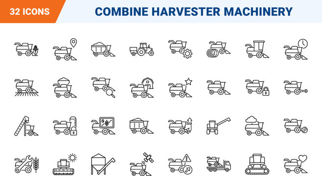 Combine Harvester Grain Harvest Web Icon Set in Linear Style. Collection of Cereal Reaping line icons, including cutting, threshing, storage, transport, machinery, agriculture.